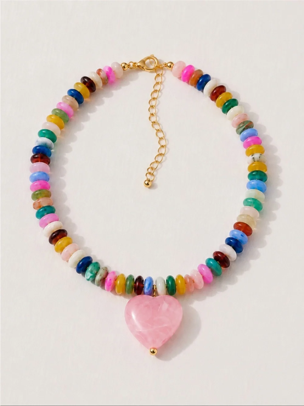 New! Multicolor Beaded Necklace with Pink Heart Pendant